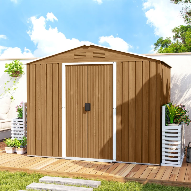 Outsunny 8' x 6' Outdoor Storage Shed, Metal Garden Tool Storage House with Lockable Sliding Doors and Vents for Backyard Patio Lawn, Dark Brown