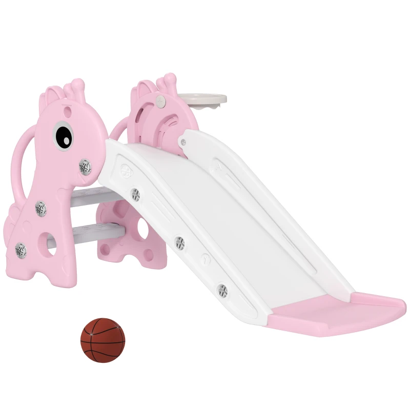 Qaba 3 in 1 Toddler Slide for Age 1-3, Kids Slide with Climber, Basketball Hoop and Ball, Giraffe Design, Pink