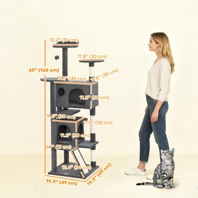 PawHut 63" Cat Tree, Multi-Level Cat Tower with Scratching Posts, Cat Condos, Bed, Platforms, Ramp, Toy Ball, Dark Grey