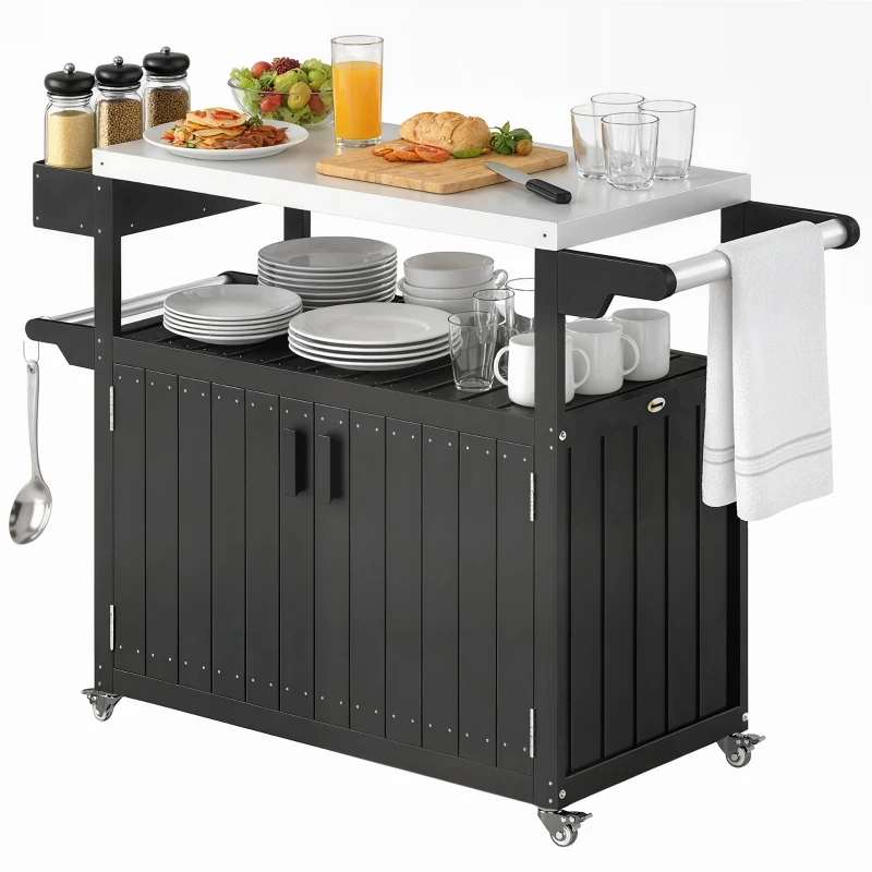 Outsunny Outdoor Bar Cart with Storage, Stainless Steel Outdoor Bar Table Top, Wheeled HDPE Kitchen Island for Food Prep, Black
