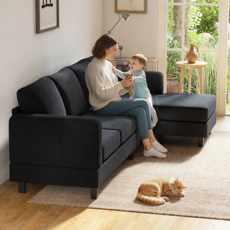 HOMCOM L Shaped Couch, L Shape Sofa with Chaise Lounge and Spring Cushion for Living Room, Bedroom, Charcoal Grey