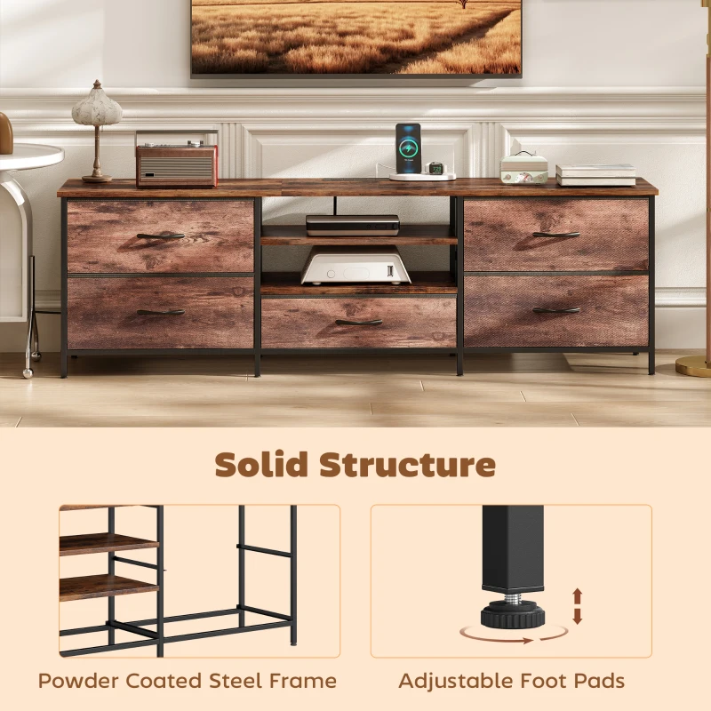 HOMCOM TV Stand for TVs up to 70 Inch, Industrial TV Console with Charging Station, 5 Drawers and Open Shelves, Rustic Brown