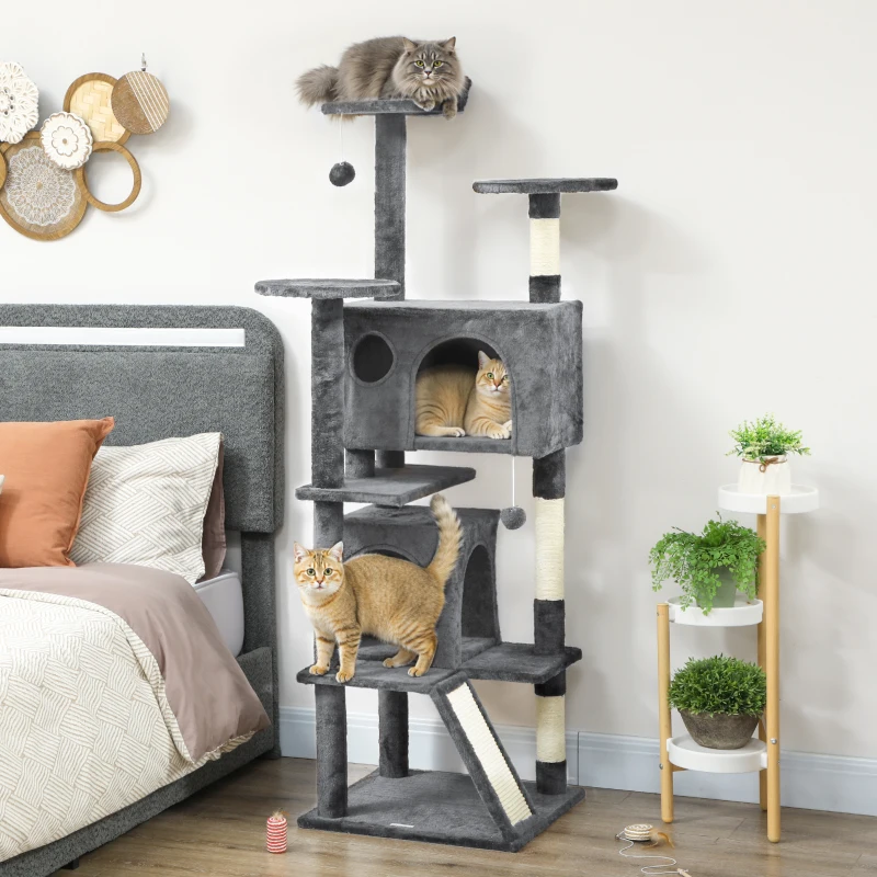PawHut 63" Cat Tree, Multi-Level Cat Tower with Scratching Posts, Cat Condos, Bed, Platforms, Ramp, Toy Ball, Dark Grey