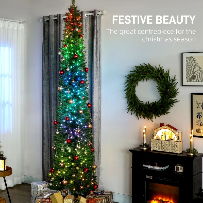 HOMCOM 9ft Christmas Tree with Colourful DIY Synchronized LEDs, Hinged Pencil Xmas Tree with Remote, Daily Timer, Green