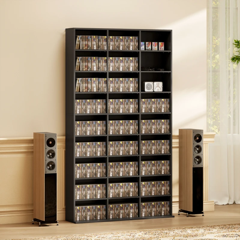 HOMCOM Media Storage Cabinet, 9-Tier DVD Shelf with 21 Adjustable Shelves, Holds 835 CDs, 500 DVDs or 640 Blu-rays, Black