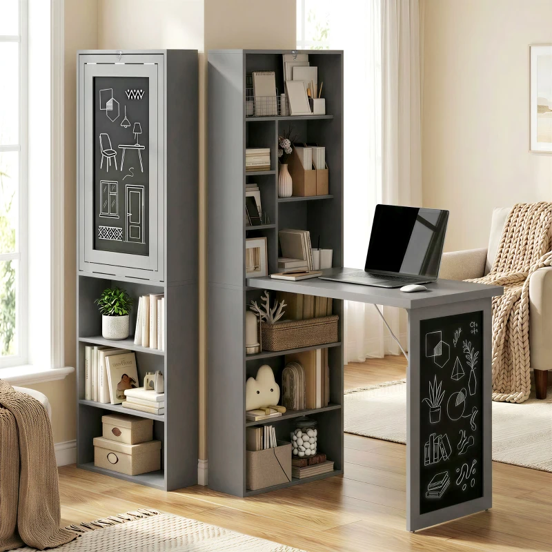 HOMCOM Fold-out Convertible Office Desk, Wall Mount Computer Desk with Blackboard and Side Shelf, Charcoal Grey