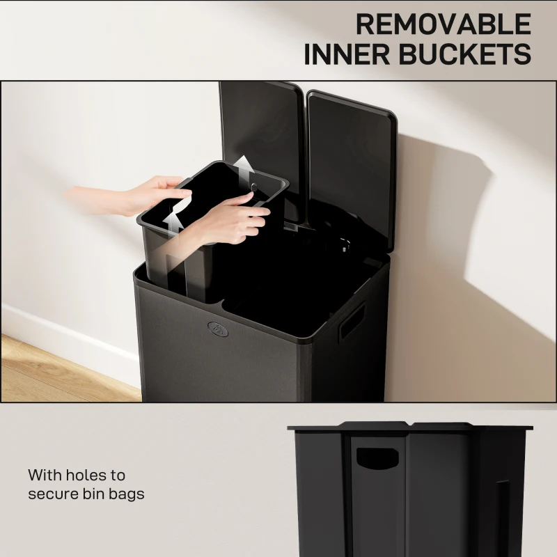 HOMCOM Dual Garbage Bin, Soft-Close Trash Can with Foot Pedal, 2 x 28 Liter Garbage Can with Removable Inner Buckets, Black