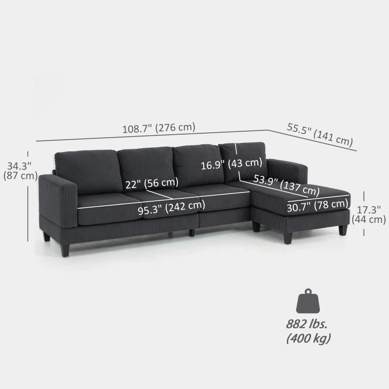 HOMCOM L Shaped Couch, L Shape Sofa with Chaise Lounge and Spring Cushion for Living Room, Bedroom, Charcoal Grey