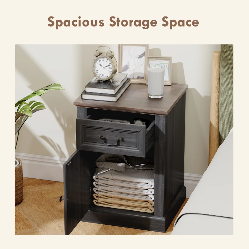 HOMCOM Side Table Set of 2, End Tables with Drawer and Cabinet, Nightstands for Small Spaces, Living Room, Black