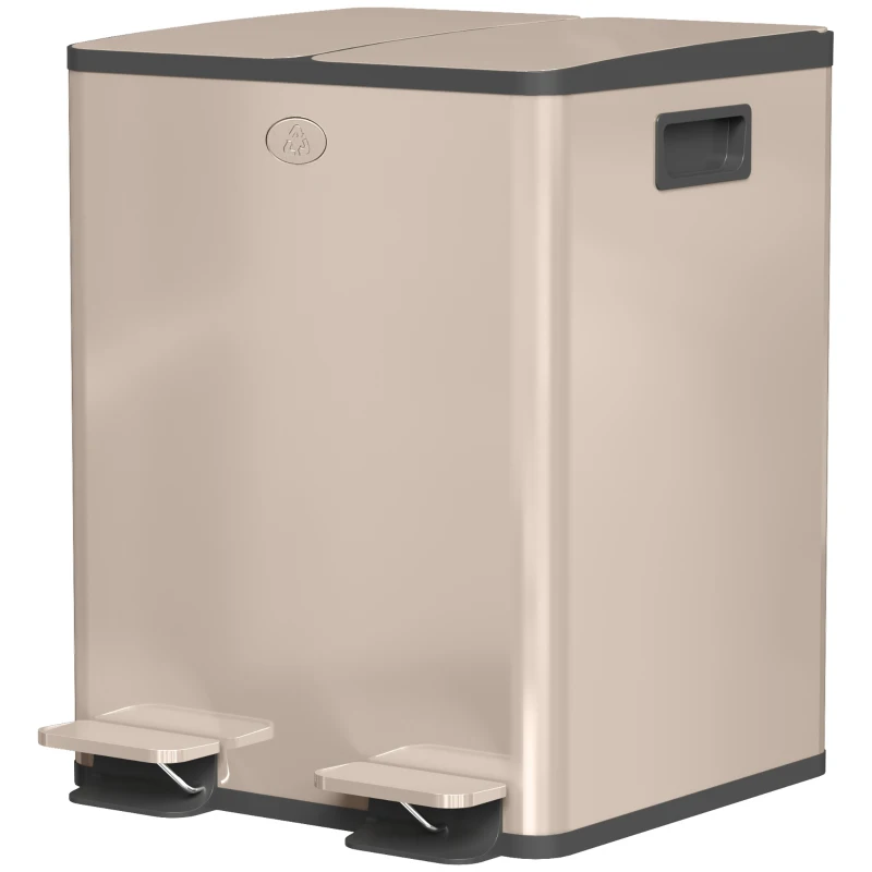 HOMCOM Dual Garbage Bin, Soft-Close Trash Can with Foot Pedal, 2 x 20 Liter Garbage Can with Removable Inner Buckets, Gold