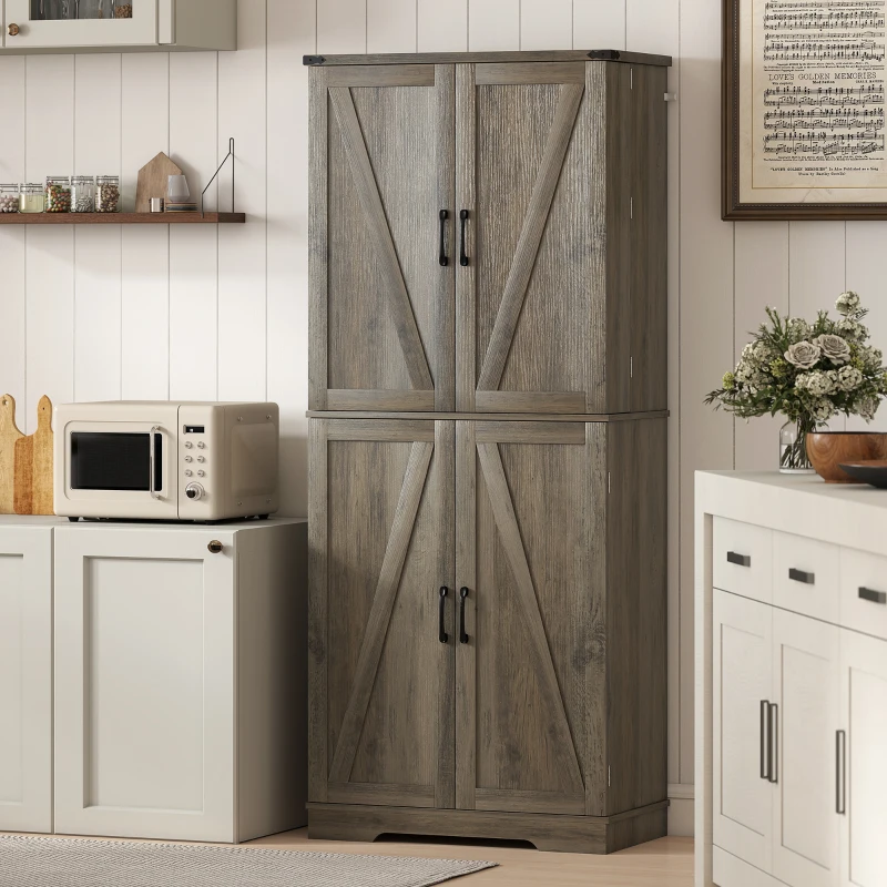 HOMCOM 72" Kitchen Pantry Cabinet, Farmhouse Storage Cabinet with 4 Doors, Drawer, 8 Door Shelves and Adjustable Shelf, Grey