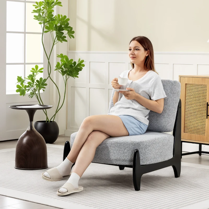 HOMCOM Accent Chair with Rubber Wood Frame, Wide Seat, Modern Chenille Bedroom Chair with Thick Cushion, Grey