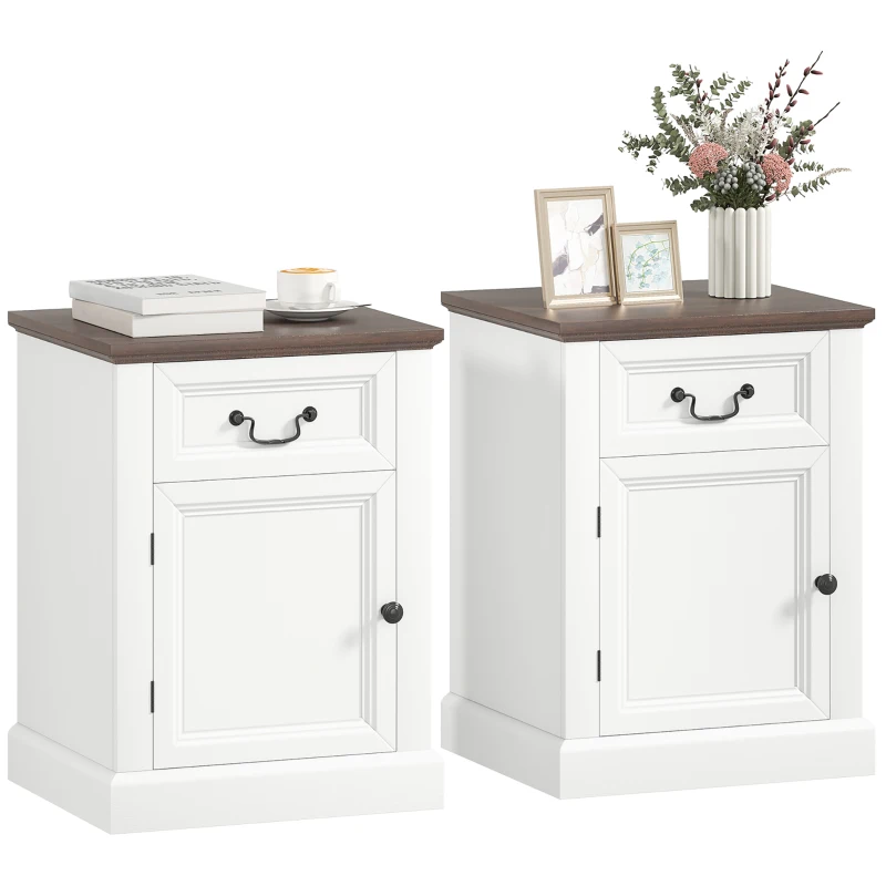 HOMCOM Side Table Set of 2, End Tables with Drawer and Cabinet, Nightstands for Small Spaces, Living Room, White