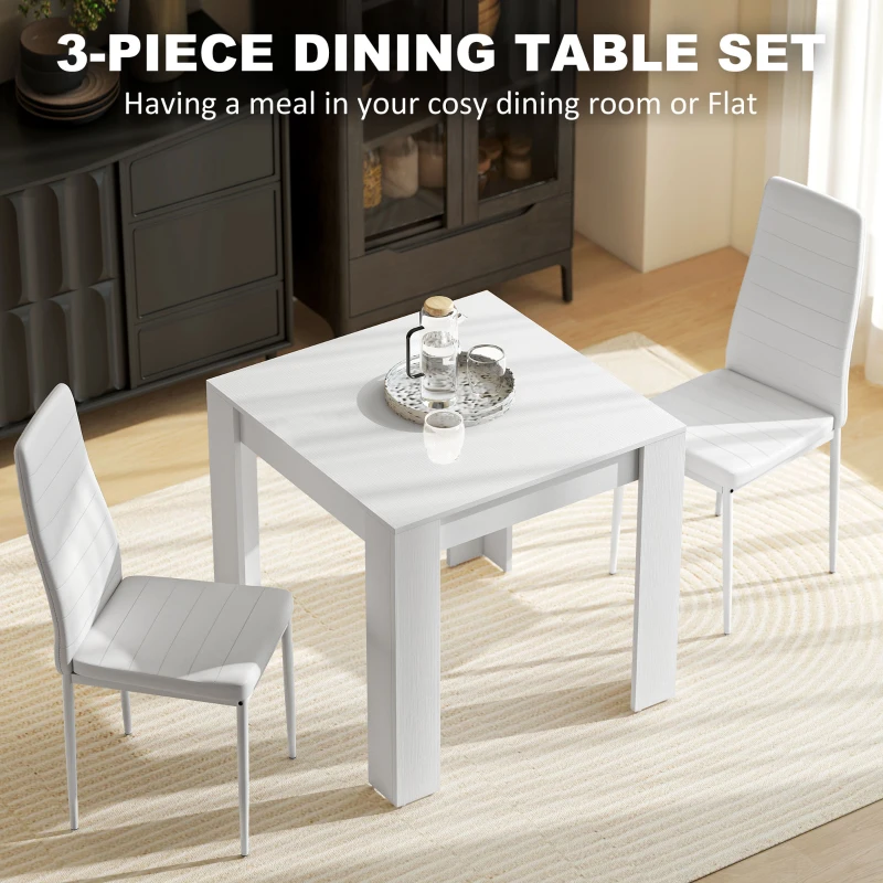 HOMCOM Dining Table Set for 2, Square Kitchen Table and Chairs, Dining Room Table and PU Leather Upholstered Chairs, White