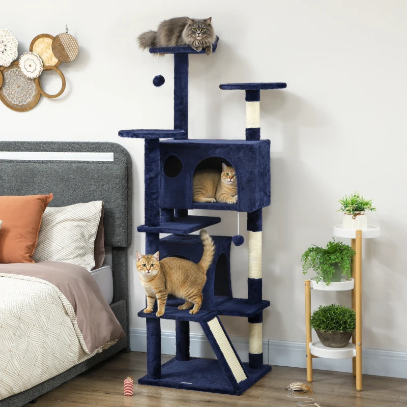 PawHut 63" Cat Tree, Multi-Level Cat Tower with Scratching Posts, Cat Condos, Bed, Platforms, Ramp, Toy Ball, Dark Blue