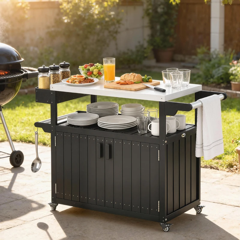 Outsunny Outdoor Bar Cart with Storage, Stainless Steel Outdoor Bar Table Top, Wheeled HDPE Kitchen Island for Food Prep, Black