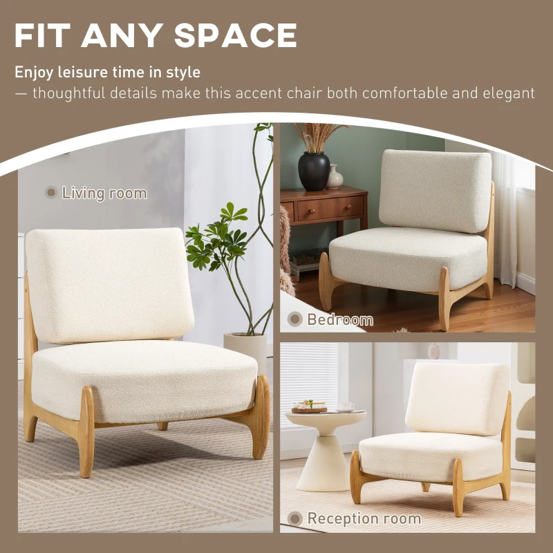HOMCOM Accent Chair with Rubber Wood Frame, Wide Seat, Modern Chenille Bedroom Chair with Thick Cushion, Cream White