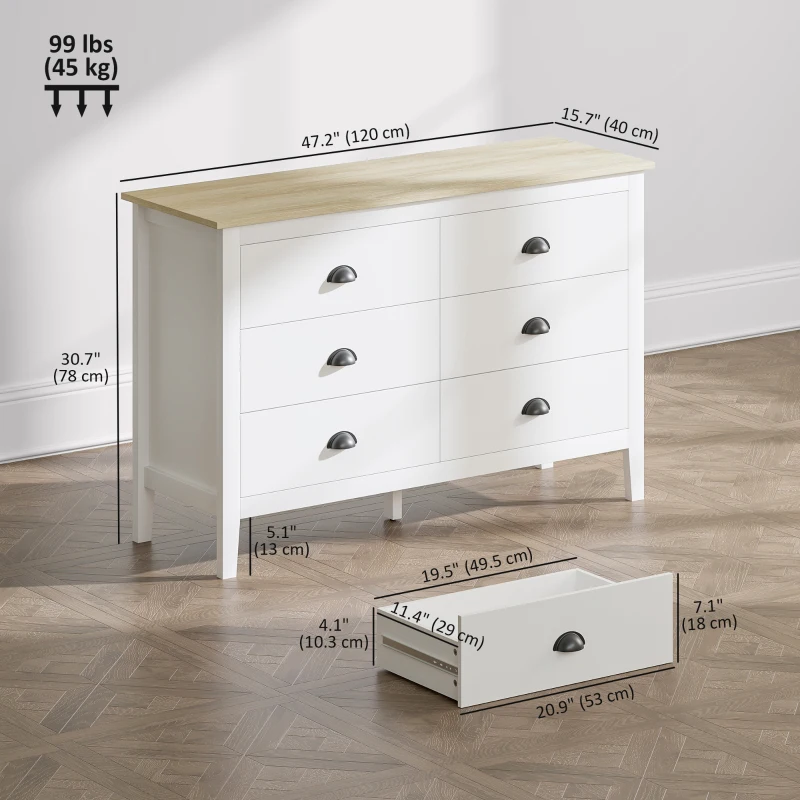 HOMCOM Chest of Drawers with Quiet Slides, Modern 6 Drawer Dresser for Bedroom, Closet, Living Room, Entryway, White