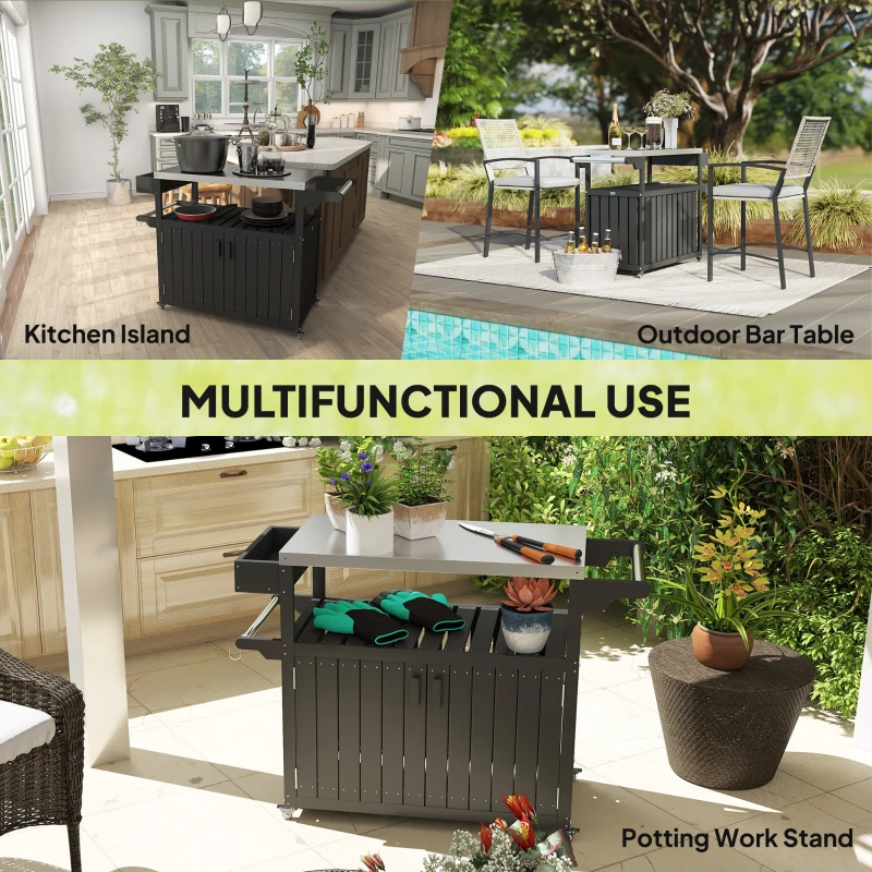 Outsunny Outdoor Bar Cart with Storage, Stainless Steel Outdoor Bar Table Top, Wheeled HDPE Kitchen Island for Food Prep, Black