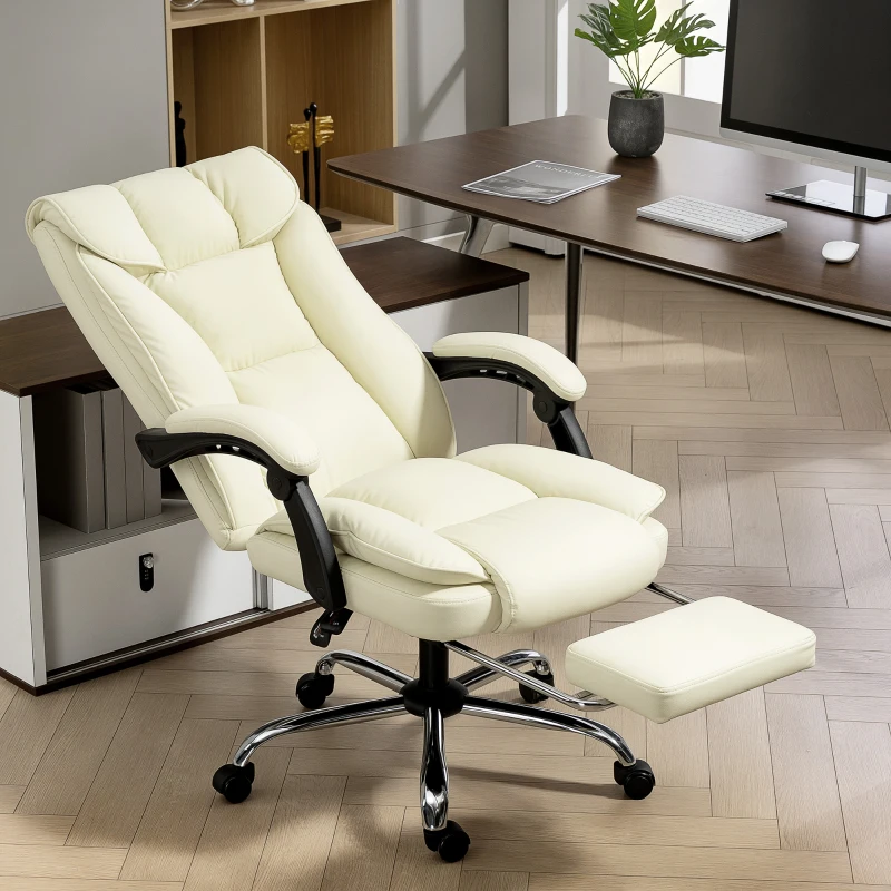 HOMCOM Executive Office Chair, Pet-Friendly Leather Ergonomic Desk Chair with Footrest, Swivel Recliner, Beige