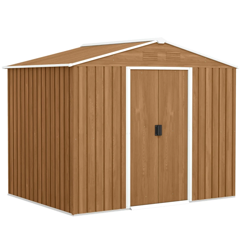 Outsunny 8' x 6' Outdoor Storage Shed, Metal Garden Tool Storage House with Lockable Sliding Doors and Vents for Backyard Patio Lawn, Dark Brown