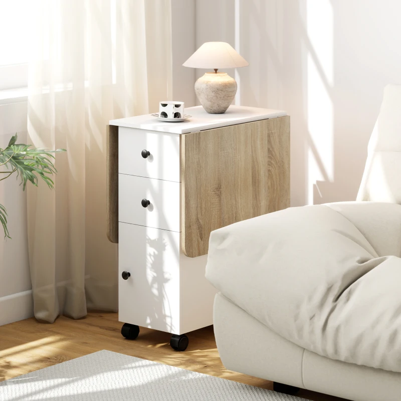 HOMCOM Drop Leaf Dining Table, Mobile Folding Table on Wheels with Drawers and Cabinet for Dining Room, Kitchen, White and Oak