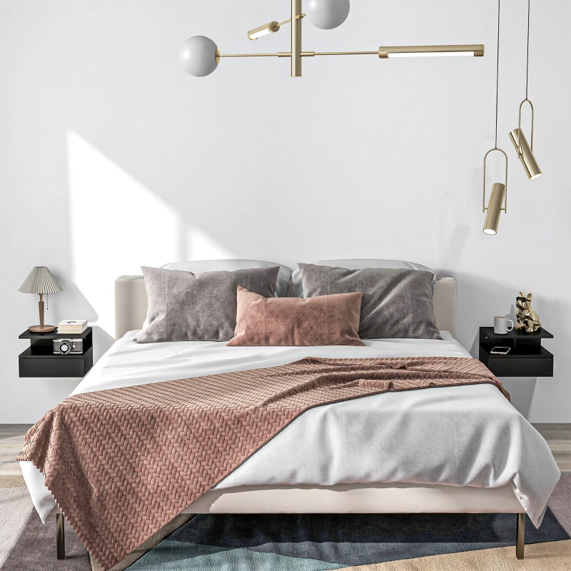 HOMCOM Floating Nightstand Set of 2, Wall Mounted Bedside Table with Drawer and Shelf, Small Night Stand for Bedroom, Black