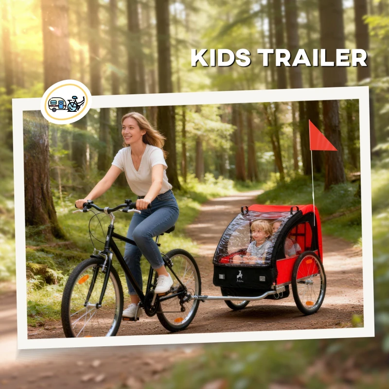 Aosom 2-Seat Child Bike Trailer for Kids with a Strong Steel Frame, 5-Point Safety Harnesses, & Comfortable Seat, Red