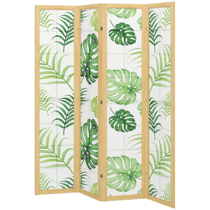 HOMCOM 4 Panel Folding Privacy Screen, 67" Room Divider with Palm Leaf Design for Living Room Bedroom, Natural and Green