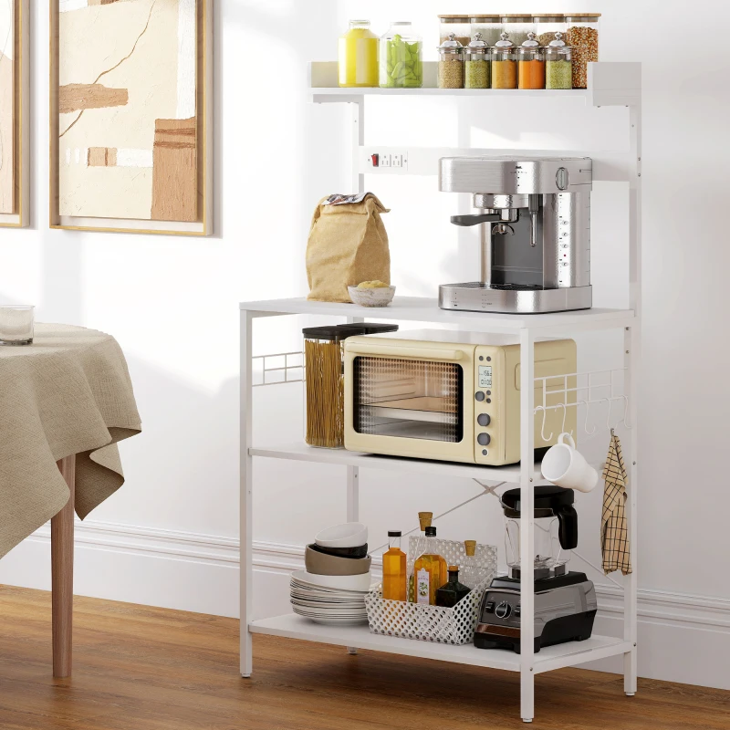 HOMCOM Kitchen Baker's Rack with Power Outlet, Coffee Bar Station with Adjustable Shelves and Hooks, Distressed White