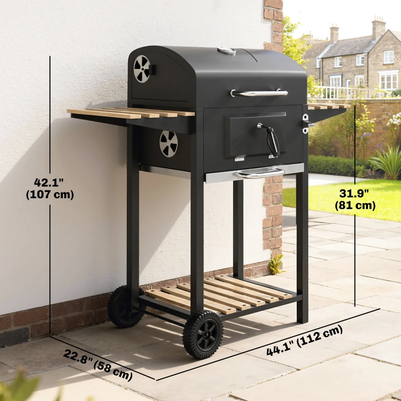 Outsunny 20" Charcoal BBQ Grill Barbecue on Wheels with Adjustable Charcoal Pan, Spacious Cooking Area, 3 Shelves, Thermometer