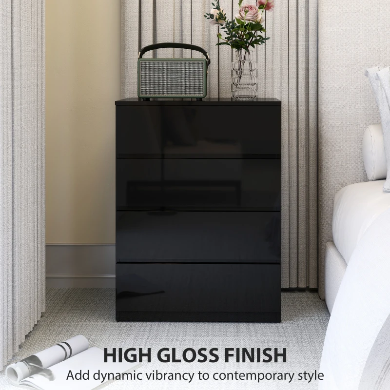 HOMCOM 4 Drawer Cabinet, High Gloss Drawer Chest for Bedroom, Chest of Drawers with Metal Runners and Groove Handles, Black