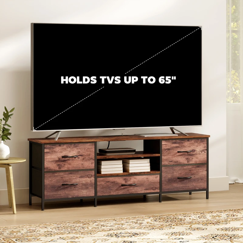 HOMCOM TV Stand for TVs up to 65 Inch, Industrial TV Console with Charging Station, 5 Drawers and Open Shelves, Rustic Brown