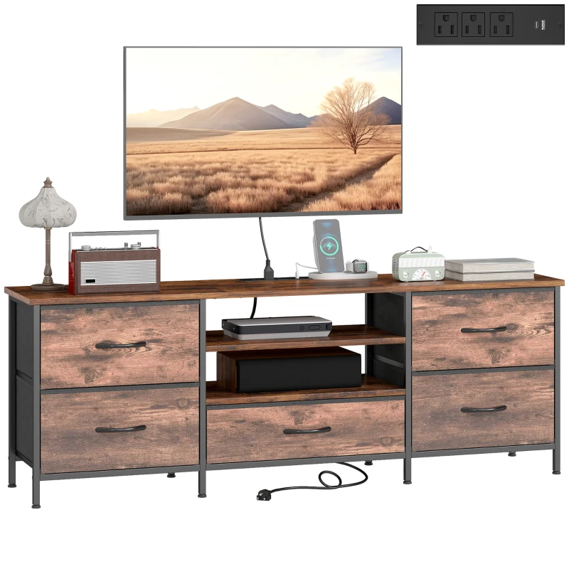 HOMCOM TV Stand for TVs up to 65 Inch, Industrial TV Console with Charging Station, 5 Drawers and Open Shelves, Rustic Brown