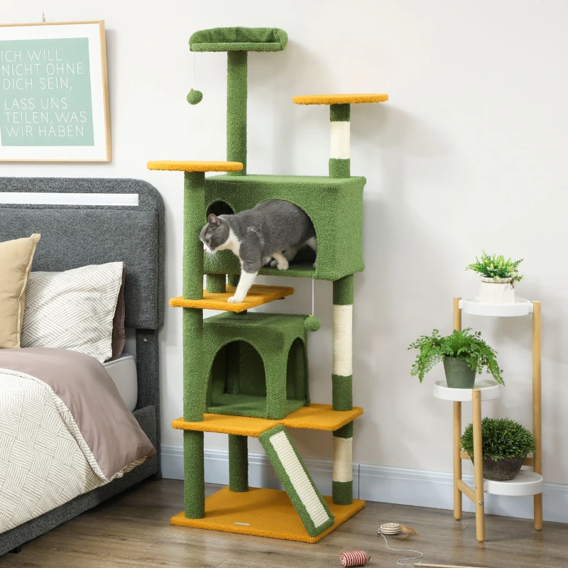 PawHut 63" Cat Tree, Multi-Level Cat Tower with Scratching Posts, Cat Condos, Bed, Platforms, Ramp, Toy Ball, Green