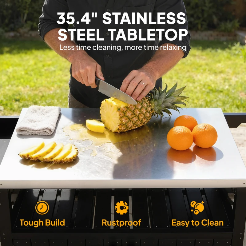 Outsunny Outdoor Bar Cart with Storage, Stainless Steel Outdoor Bar Table Top, Wheeled HDPE Kitchen Island for Food Prep, Black