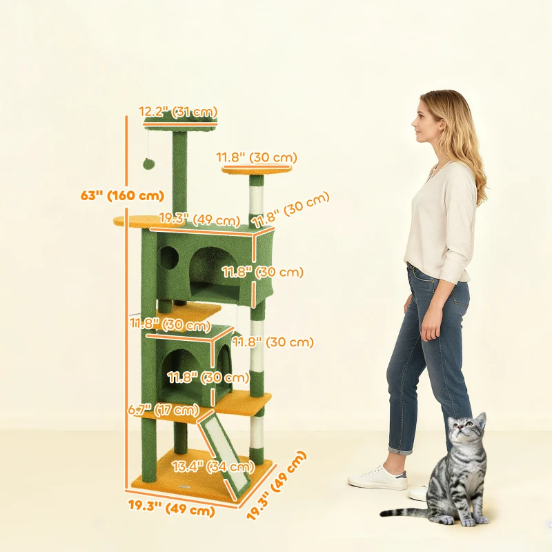 PawHut 63" Cat Tree, Multi-Level Cat Tower with Scratching Posts, Cat Condos, Bed, Platforms, Ramp, Toy Ball, Green