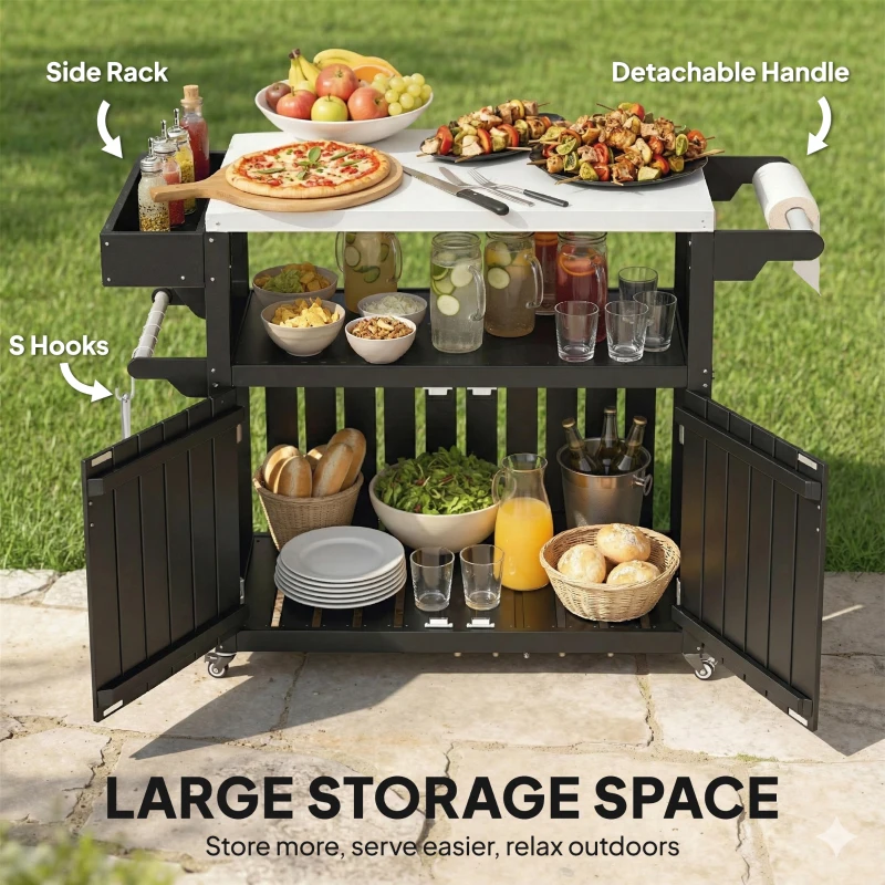 Outsunny Outdoor Bar Cart with Storage, Stainless Steel Outdoor Bar Table Top, Wheeled HDPE Kitchen Island for Food Prep, Black