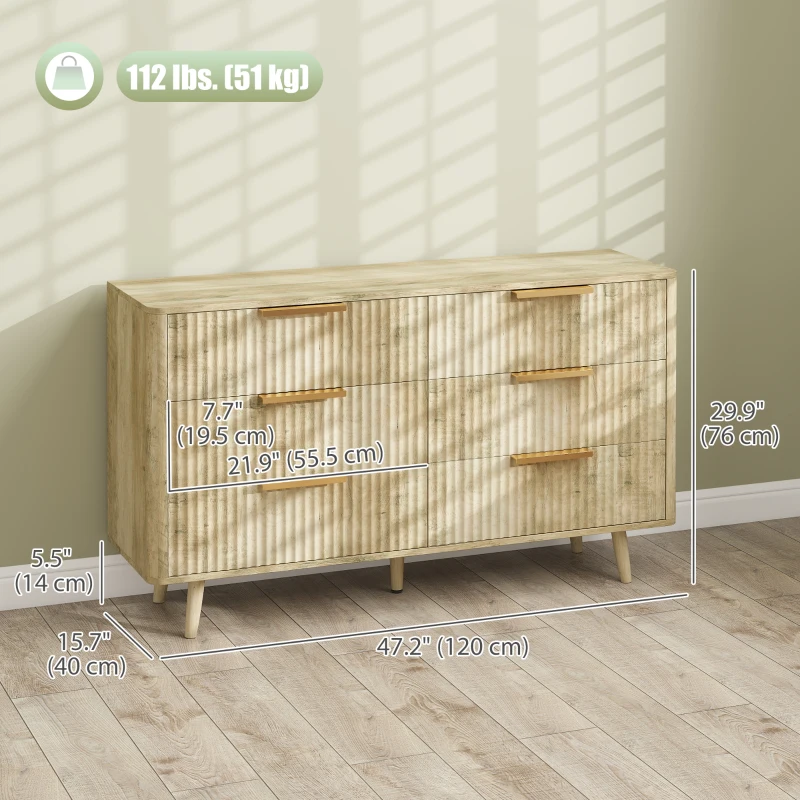 HOMCOM Fluted Chest of Drawers, Modern 6 Drawer Dresser with Pine Wood Legs, Finger Pulls for Closet, Living Room, Hallway, Oak