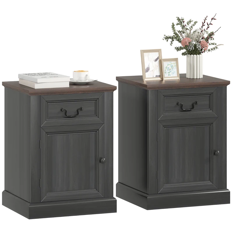 HOMCOM Side Table Set of 2, End Tables with Drawer and Cabinet, Nightstands for Small Spaces, Living Room, Black