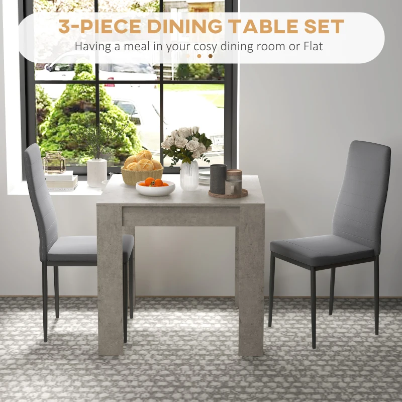 HOMCOM Dining Table Set for 2, Square Kitchen Table and Chairs, Dining Room Table and PU Leather Upholstered Chairs, Grey