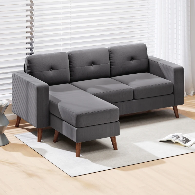 HOMCOM Sectional Sofa with Changeable Chaise Lounge, 3 Seat L-Shaped Small Space Sofa, Upholstered Couch for Small Space, Dark Grey