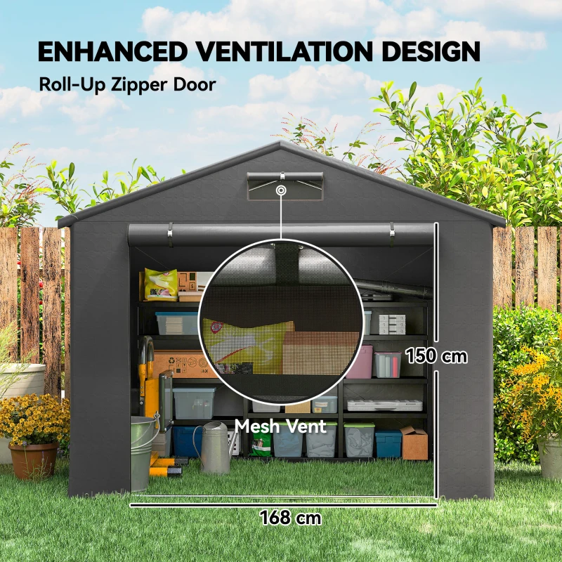 Outsunny 8' x 6' Portable Shed, Waterproof Bike Tent with Roll-up Zipper Door, Vent and Galvanised Metal Frame, Dark Grey