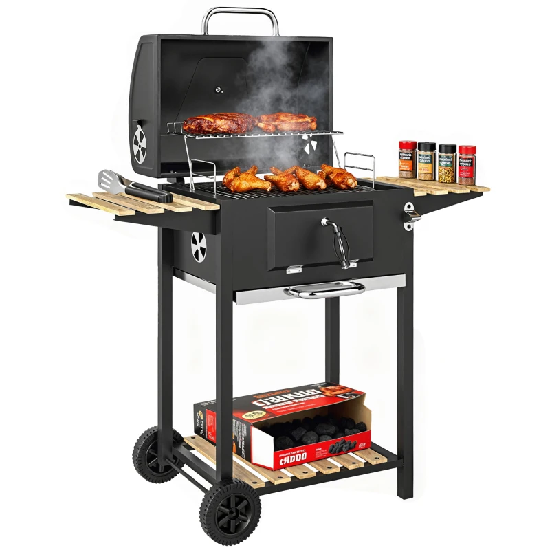 Outsunny 20" Charcoal BBQ Grill Barbecue on Wheels with Adjustable Charcoal Pan, Spacious Cooking Area, 3 Shelves, Thermometer