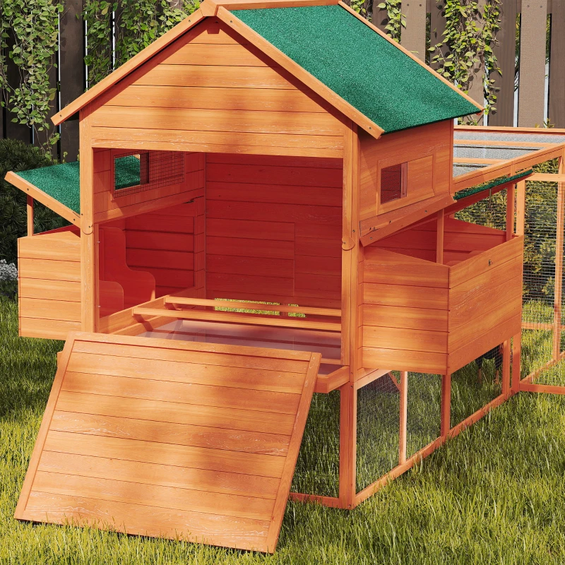 PawHut 137" Wooden Chicken Coop with Chicken Run, Nesting Box, Orange