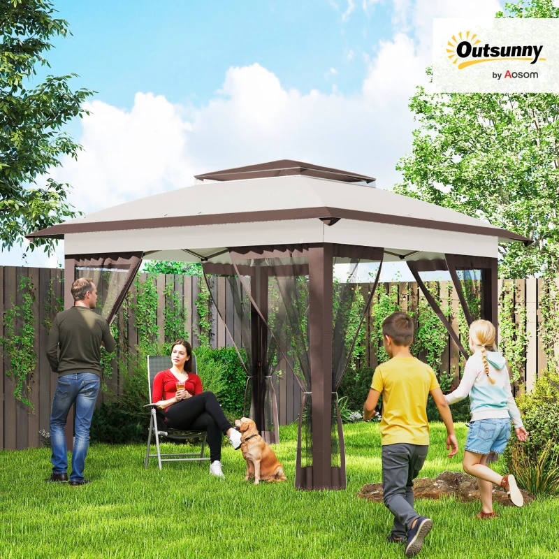 Outsunny 12' x 12' Pop Up Canopy Tent with Netting and Carry Bag, Instant Sun Shelter with 137 sq.ft Shade, Beige and Brown