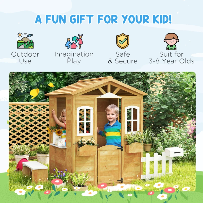 Outsunny Wooden Kids Playhouse with Door Windows Mailbox Flower Pot Holder Serving Station Bench Yellow