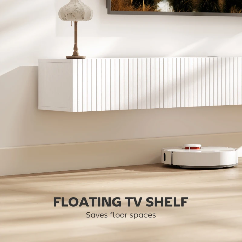 HOMCOM 71" Floating TV Stand for TVs up to 72 Inch, Wall Mount Media Console with 2 Fluted Flip-Down Doors, Cable Hole, White