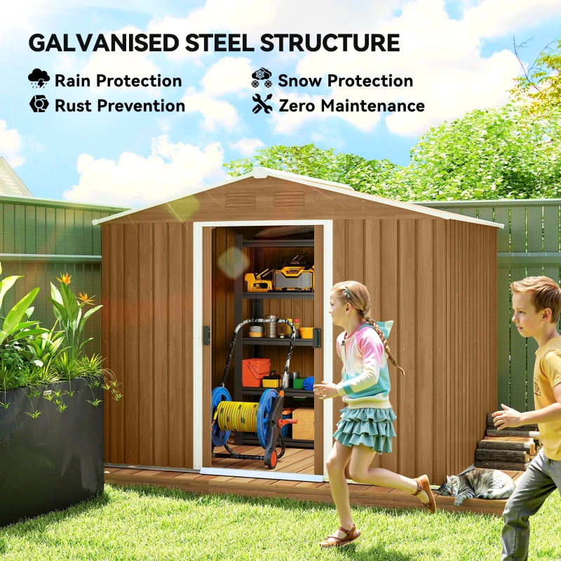 Outsunny 8' x 6' Outdoor Storage Shed, Metal Garden Tool Storage House with Lockable Sliding Doors and Vents for Backyard Patio Lawn, Dark Brown