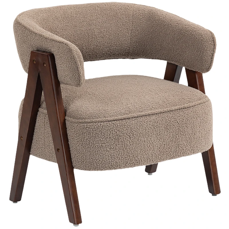 HOMCOM Upholstered Accent Chair, Sherpa Fleece Armchair with Solid Wood Legs and Steel Frame for Living Room, Light Brown